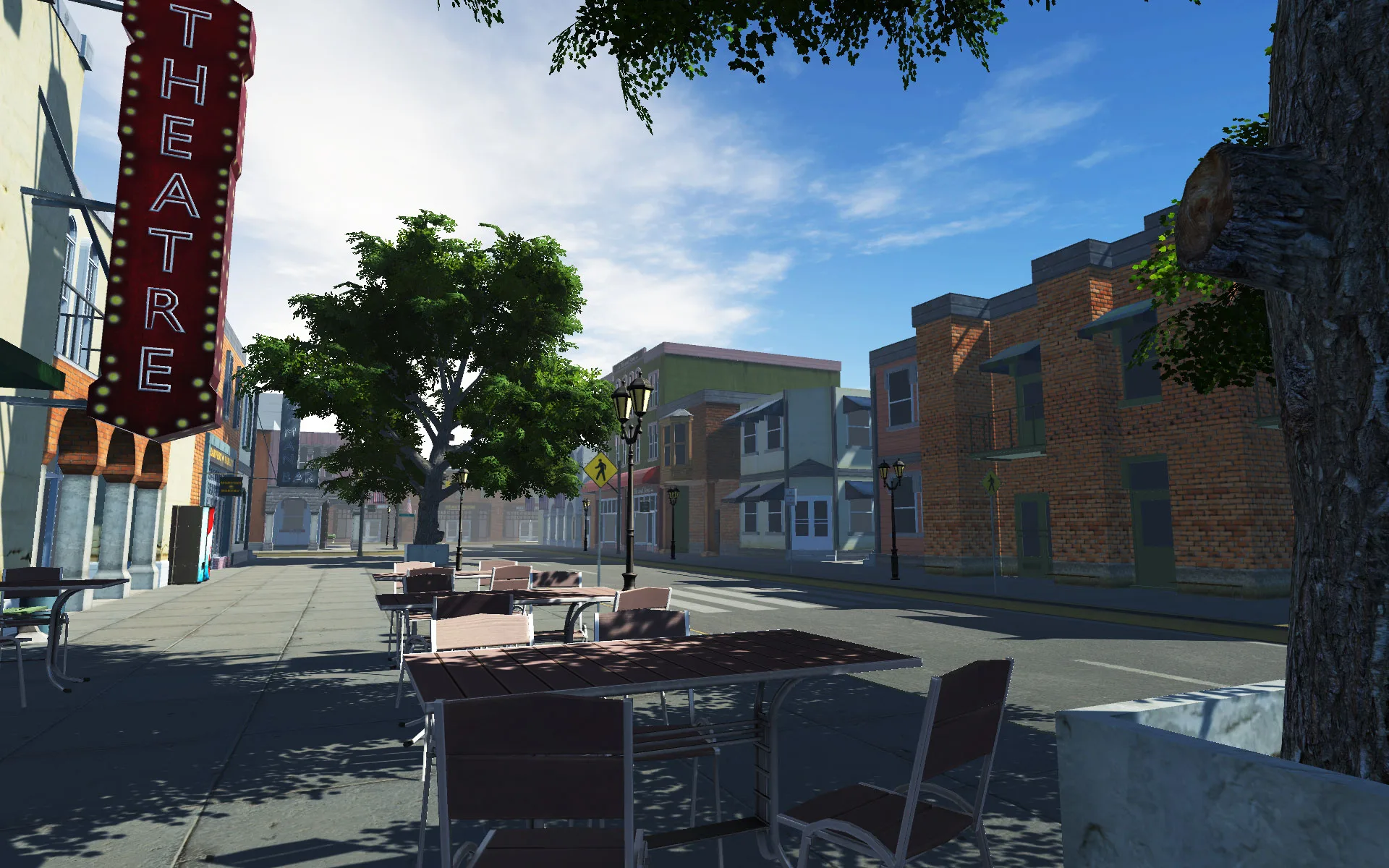 A sunny town square with a theatre and outdoor café