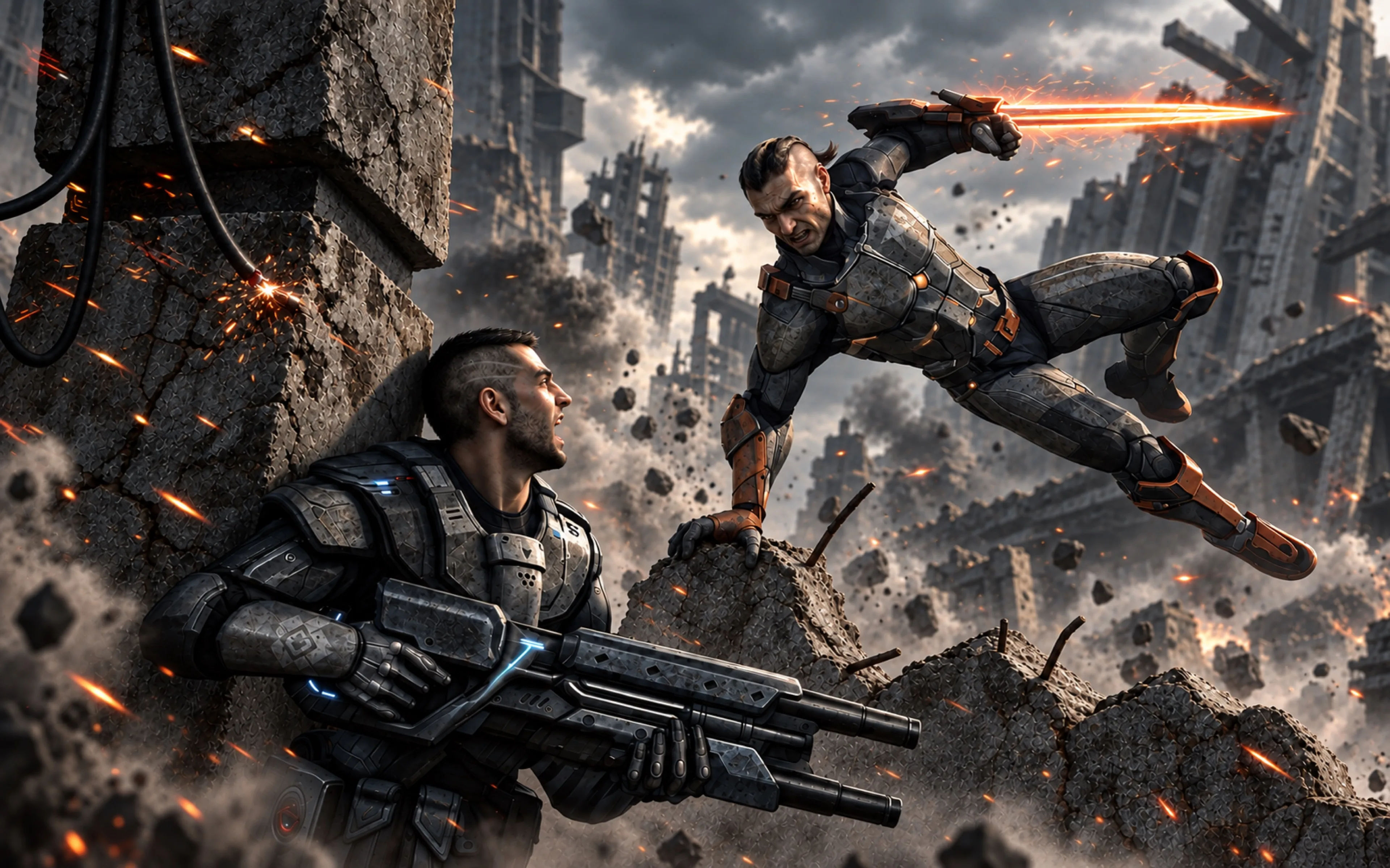 Earthrise loading artwork: combat among the ruins