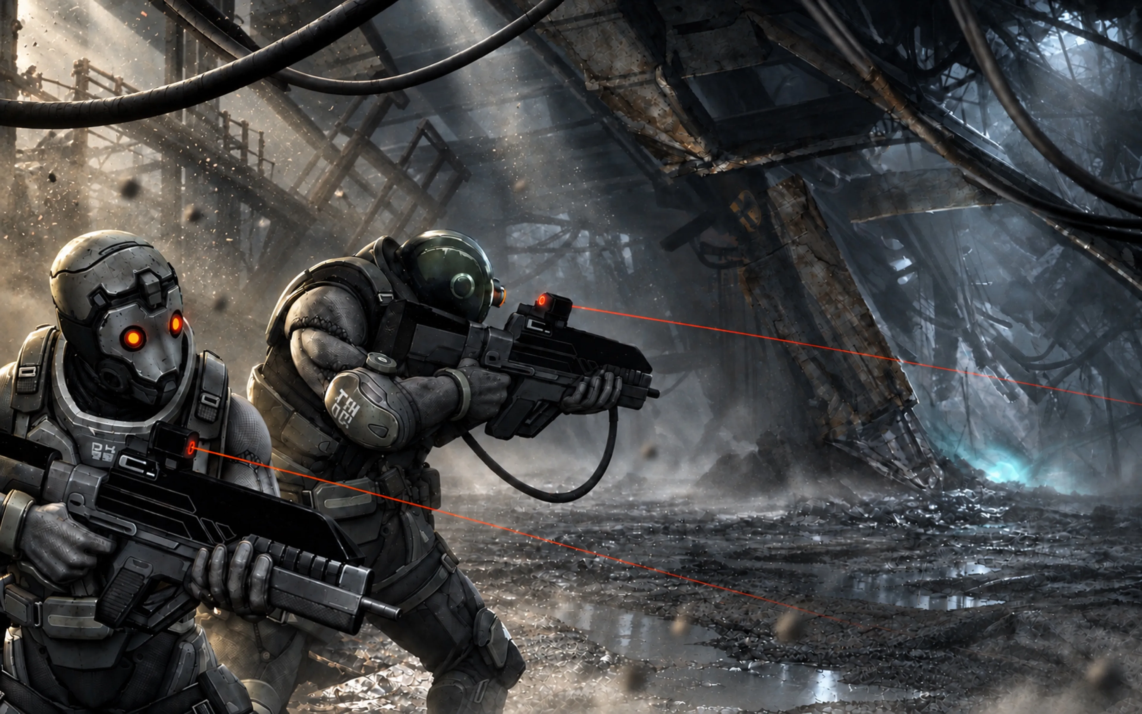 Earthrise loading artwork: soldiers exploring an industrial tunnel